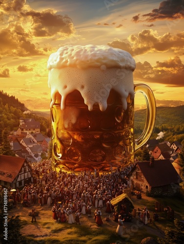 Large Mug of Beer Stands Over Festive Crowd in Sunset Celebration at a Village