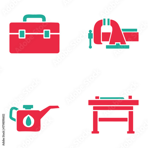 A set of four red and teal icons representing workshop tools: a toolbox, a bench vise, an oil can, and a workbench.