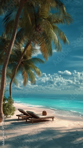 Relaxing Beach Scene With Sunbeds Under Palm Trees in Tropical Paradise.