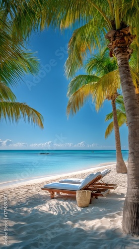 Relaxing Beach Scene With a Lounge Chair and Palm Trees Under a Clear Blue Sky.