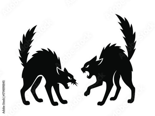 Two aggressive black cats with arched backs and tails fighting. The silhouette is suitable for Halloween and prints. Flat vector illustration on a white background.