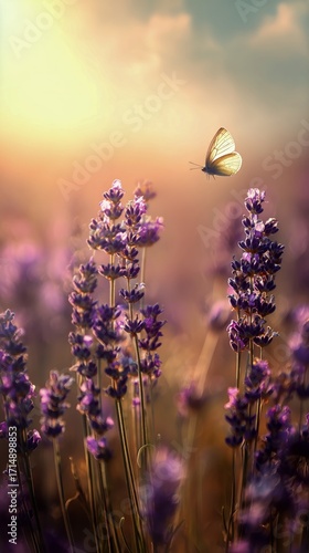 Butterfly Resting on Lavender Flowers at Sunset in a Serene Garden Setting.