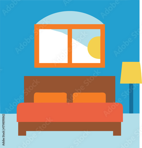 Vector art of cozy bedroom interior with a bed, pillows, window showing a sunny landscape, and a floor lamp

