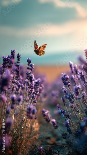 Butterfly Soaring Above Vibrant Lavender Fields During Golden Hour