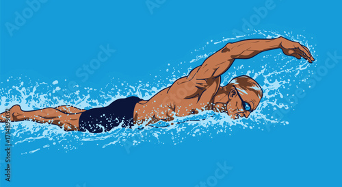 Powerful Swimmer in Dynamic Freestyle Stroke