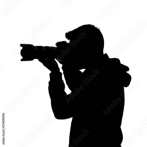 Silhouette of a man holding a professional camera isolated on white background