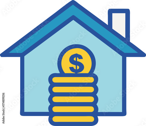 Vector art of stack of coins with dollar sign inside a house icon, representing housing finance and investment
