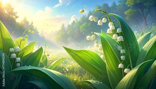 A lush meadow filled with delicate, white lilies of the valley, bathed in the soft morning light, showcases a tranquil and serene scene.