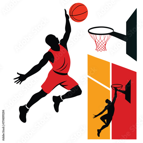 Dynamic basketball player silhouette set capturing a powerful dunking action