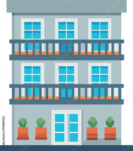 Vector art of flat design illustration of a multistory apartment building with balconies, windows, and potted plants
