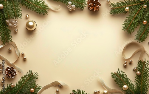 Christmas Decorations With Pine Branches and Ornaments on a Neutral Background.