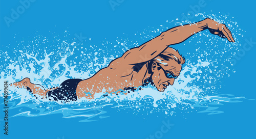 Dynamic illustration of a focused male swimmer powerfully executing the butterfly stroke, creating impressive water splashes, embodying aquatic athleticism in a vibrant blue setting
