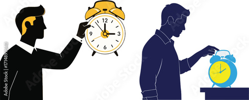 Men Interacting with Alarm Clocks, Symbolizing Time Adjustment and Daily Management