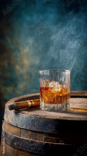 Whiskey Glass on a Wooden Barrel With Cigar Smoke in the Background at a Cozy...