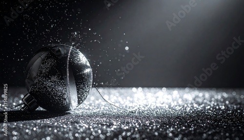 A black Christmas ornament sits on a bed of shimmering silver glitter, with water droplets and a soft light creating a festive and elegant atmosphere.