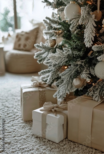 Holiday Gifts Wrapped Elegantly Under a Decorated Christmas Tree With Soft Go...