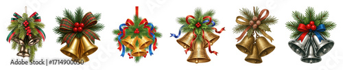Christmas bells set including gold, silver, and bronze bells with holly, pine, and ribbons isolated. Festive holiday decoration collection.