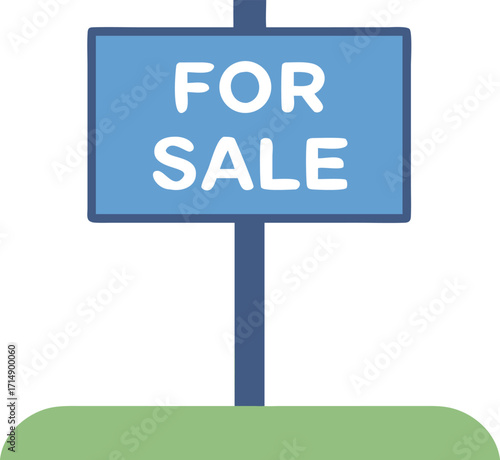 Vector art of a blue for sale sign on a pole in the grass, indicating property or item availability for purchase
