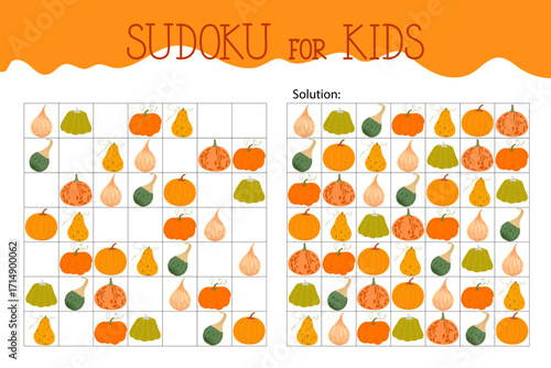 Pumpkins sudoku puzzle, educational game or leisure activity worksheet illustration, printable grid to fill in missing images, autumn Thanksgiving topical vocabulary, with solution, teacher resources