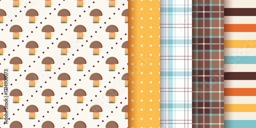 Autumn pattern. Seamless backgrounds in fall design.  Set autumnal textures with mushrooms, stripes, polka dots and checkered. Harvest prints. Seasonal geometric backdrops. Vector illustration.