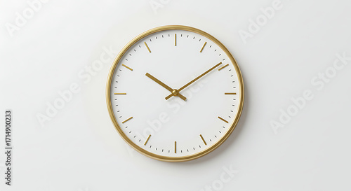 Minimalist gold analog wall clock with white face isolated on white background