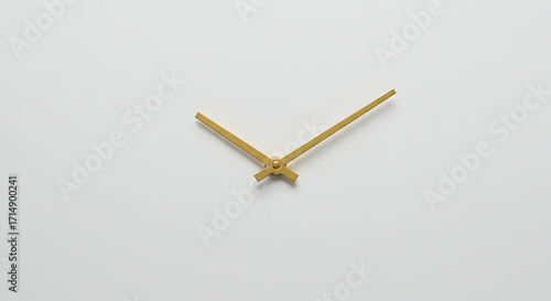 Closeup of minimalist gold analog clock hands isolated on white background