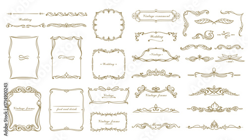 Set of vintage wedding frames, borders, and decorative dividers in golden color. Hand drawn doodle style with ornate details for invitations, menu cards, and greeting designs. Vector illustration.