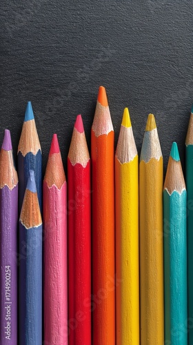 Colorful Pencils Arranged on a Chalkboard Background Suitable for Art Project...