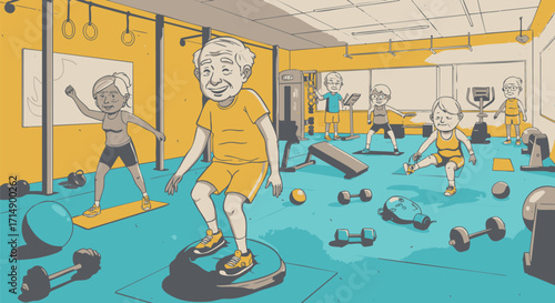 Active senior citizens exercising in a bright, modern fitness center promoting health and wellness