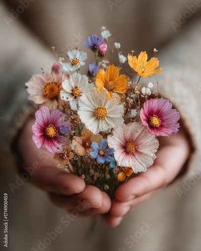 Spectrum of Colorful Cosmos Flowers Held in Gentle Knit Hands