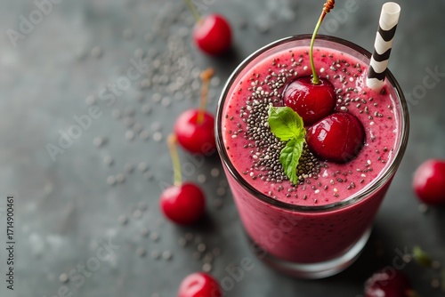 Refreshing Cherry Smoothie Topped With Fresh Cherries and Mint Garnish in a G...