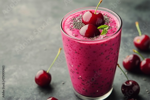 Refreshing Cherry Smoothie Topped With Fresh Cherries and Mint Garnish in a G...