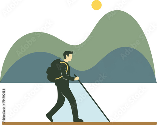 Hiker Walking with Backpack and Pole in Mountain Landscape