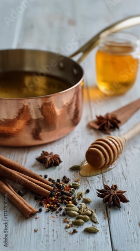 Copper Pots With Spices and Honey on Wooden Surface in a Cozy Kitchen Setting.