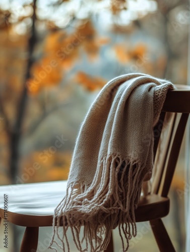 Cozy Blanket Draped Over Wooden Chair With Autumn Leaves in Background.