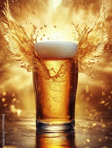 Beer in a Glass With Golden Splash and Bubbles Reflecting Warm Light at Sunset