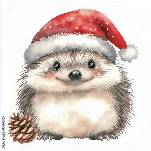 Cute Hedgehog Wearing a Christmas Hat With Pine Cone in Festive Winter Scene