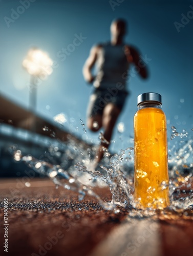 Runner Splashes Water From Bottle on Track During Outdoor Exercise Training i...
