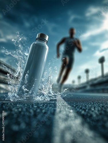 Runner Splashes Water From Bottle on Track During Outdoor Exercise Training i...
