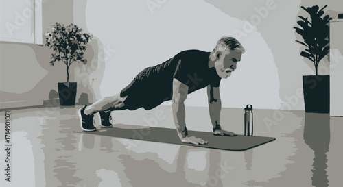 Active Older Man Doing Push-Ups at Home for Strength and Fitness