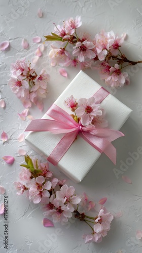 Gift Box Surrounded by Cherry Blossoms on a Light Surface in Springtime Ambia...