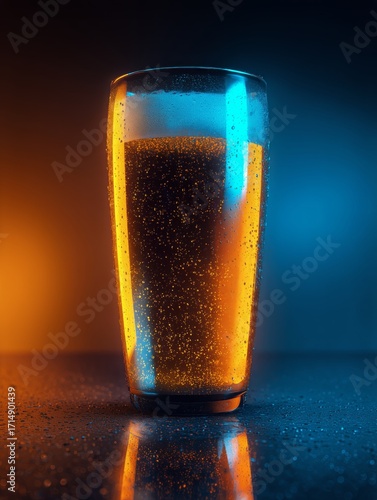 Sparkling Glass of Beer Illuminated by Blue and Orange Light on a Reflective ...