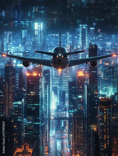 Airplane Flying Over a Vibrant Cityscape With Glowing Skyscrapers at Night