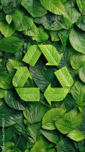 Green Leaves With a Prominent Recycling Symbol Displayed on the Surface of Na...
