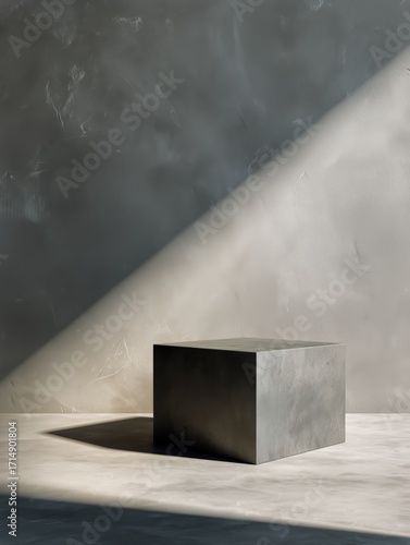 Concrete Stool in a Minimalist Room With Sunlight Casting Shadows on the Wall.