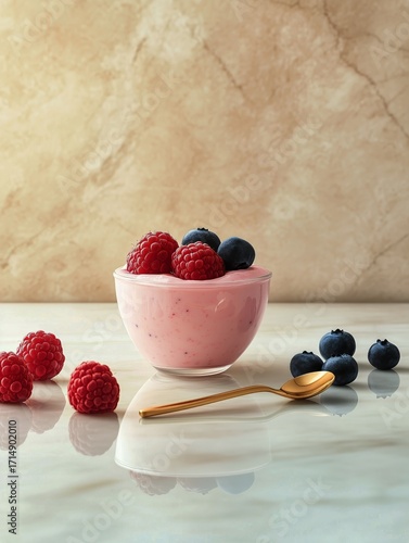 Delicious Yogurt Parfait Topped With Fresh Blueberries and Raspberries on a M...