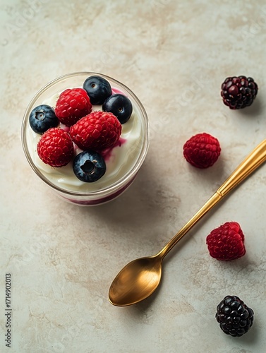Dessert With Yogurt Topped With Fresh Berries on a Light Surface With a Golde...