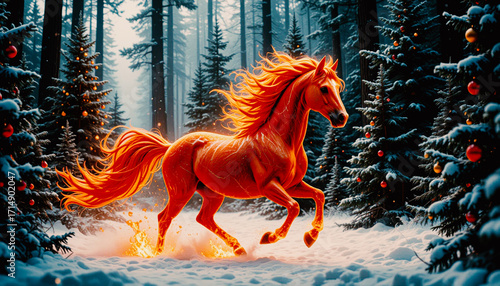 Year of the Red Fire Horse 2026. A mythical fire horse gallops through a snowy forest amid decorated Christmas trees. A symbol of the Chinese zodiac. 