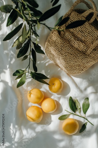 Bright Yellow Lemons and Green Leaves Arranged Beautifully With a Woven Baske...