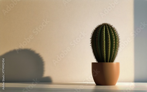 Cactus Stands in Sunlight Casting a Shadow on a Bright Wall in a Modern Indoo...